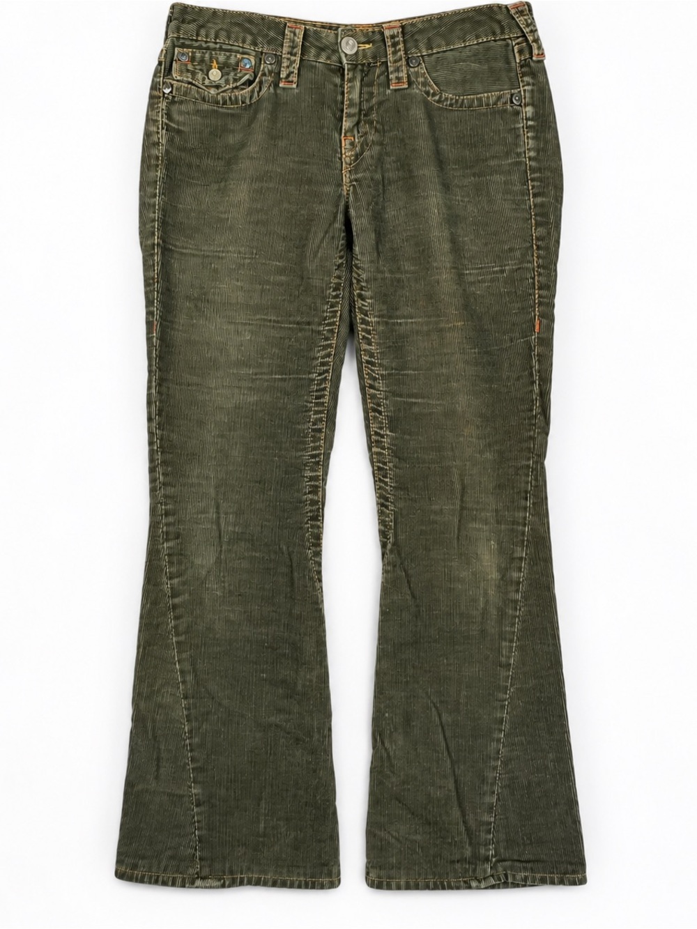 True Religion Joey Olive Corduroy Low Rise Y2K Flare Jeans 28 USA